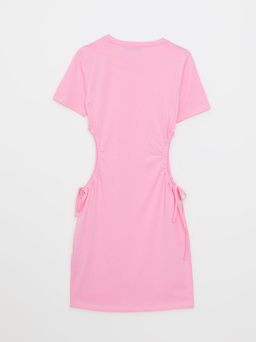 Pembe Bisiklet Yaka Düz Pencere Detaylı Kısa Kollu Pamuklu Kadın Elbise-6