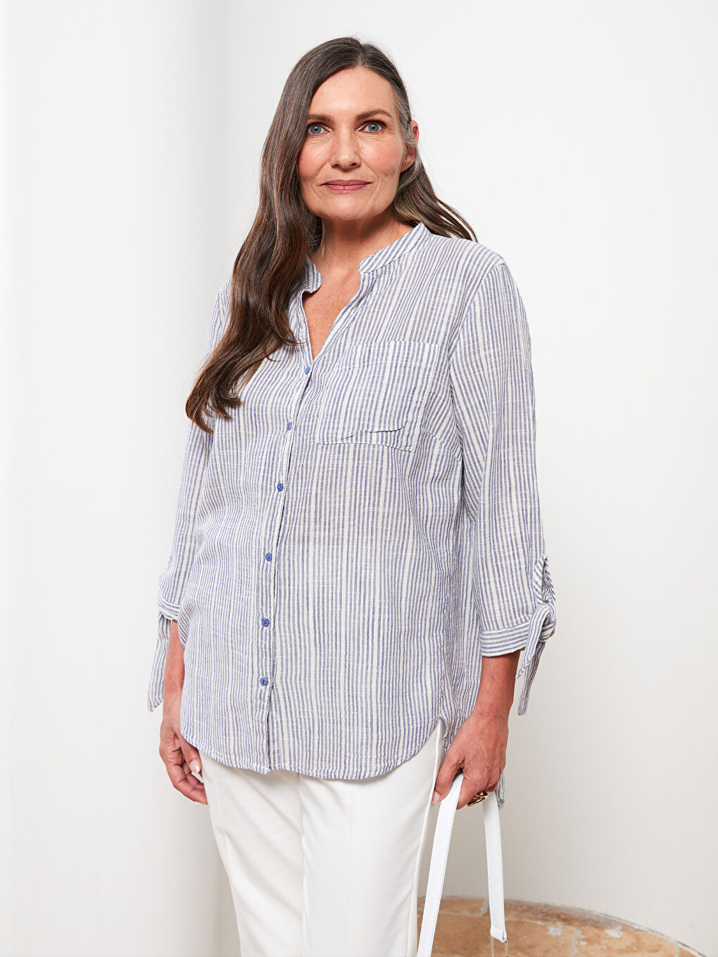LCW Grace Grandad Collar Striped Cotton Women's Shirt -S2M912Z8-LEL