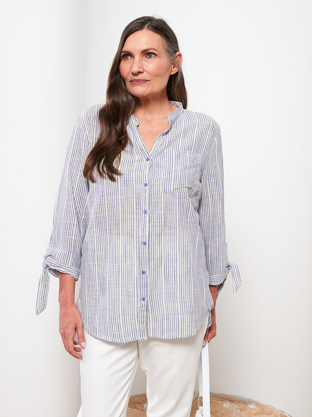 LCW Grace Grandad Collar Striped Cotton Women's Shirt -S2M912Z8-LEL