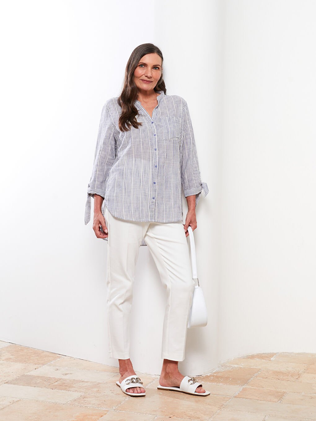 LCW Grace Grandad Collar Striped Cotton Women's Shirt -S2M912Z8-LEL