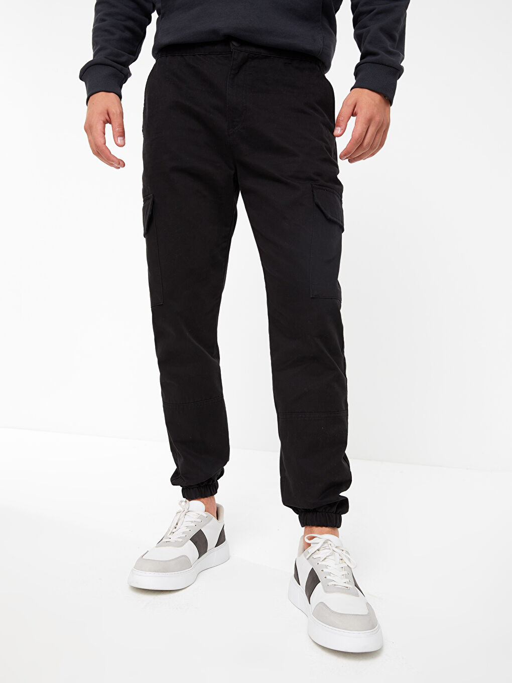 Siyah Slim Fit Gabardin Erkek Kargo Pantolon-2