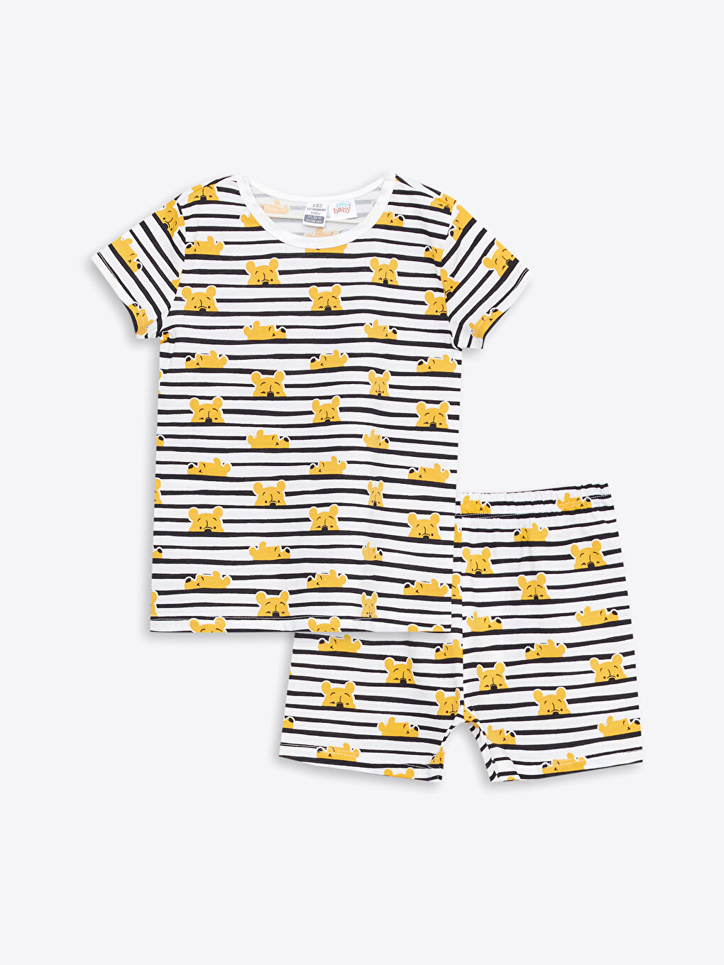 Ekru Bisiklet Yaka Kısa Kollu Winnie the Pooh Baskılı Pamuklu Erkek Bebek Pijama Takımı