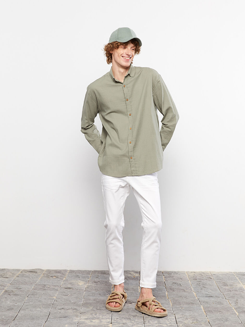 Haki Oversize Uzun Kollu Erkek Gömlek-1