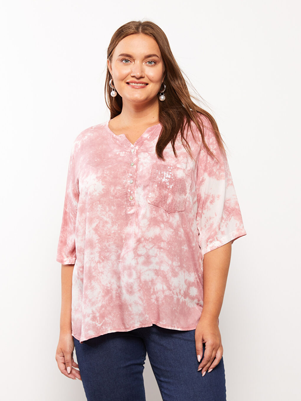 Crew Neck Tie Dye Patterned Short Sleeve Viscose Women's Blouse