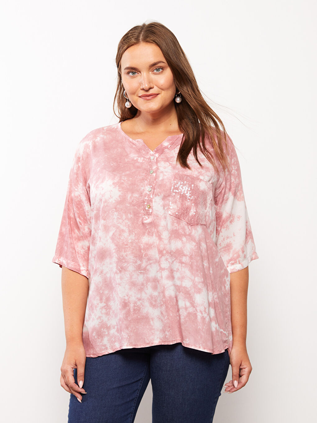 Crew Neck Tie Dye Patterned Short Sleeve Viscose Women's Blouse-1