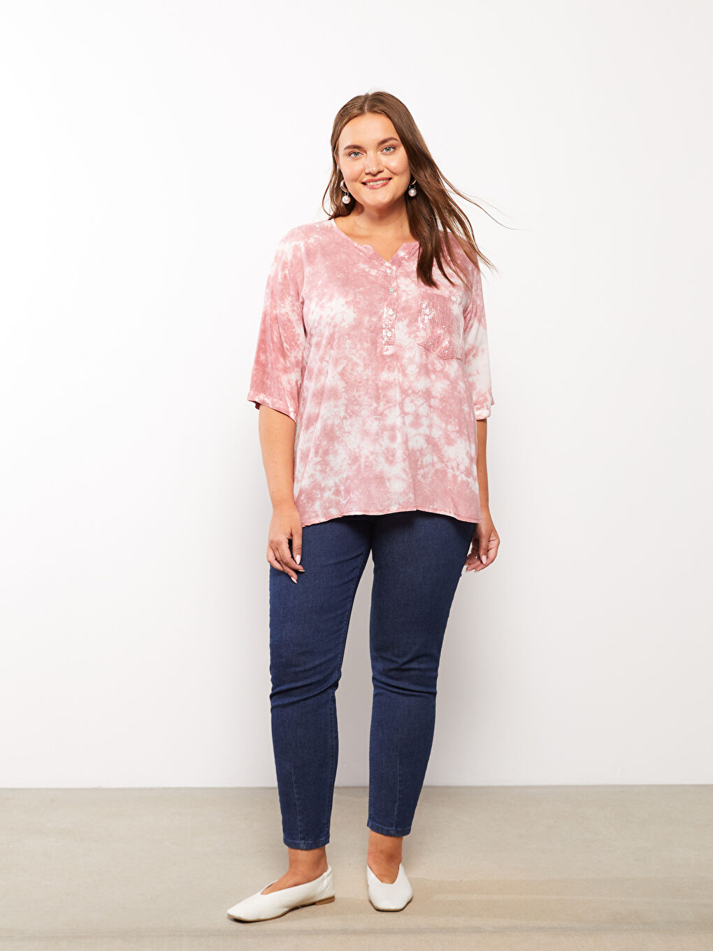 Crew Neck Tie Dye Patterned Short Sleeve Viscose Women's Blouse-2