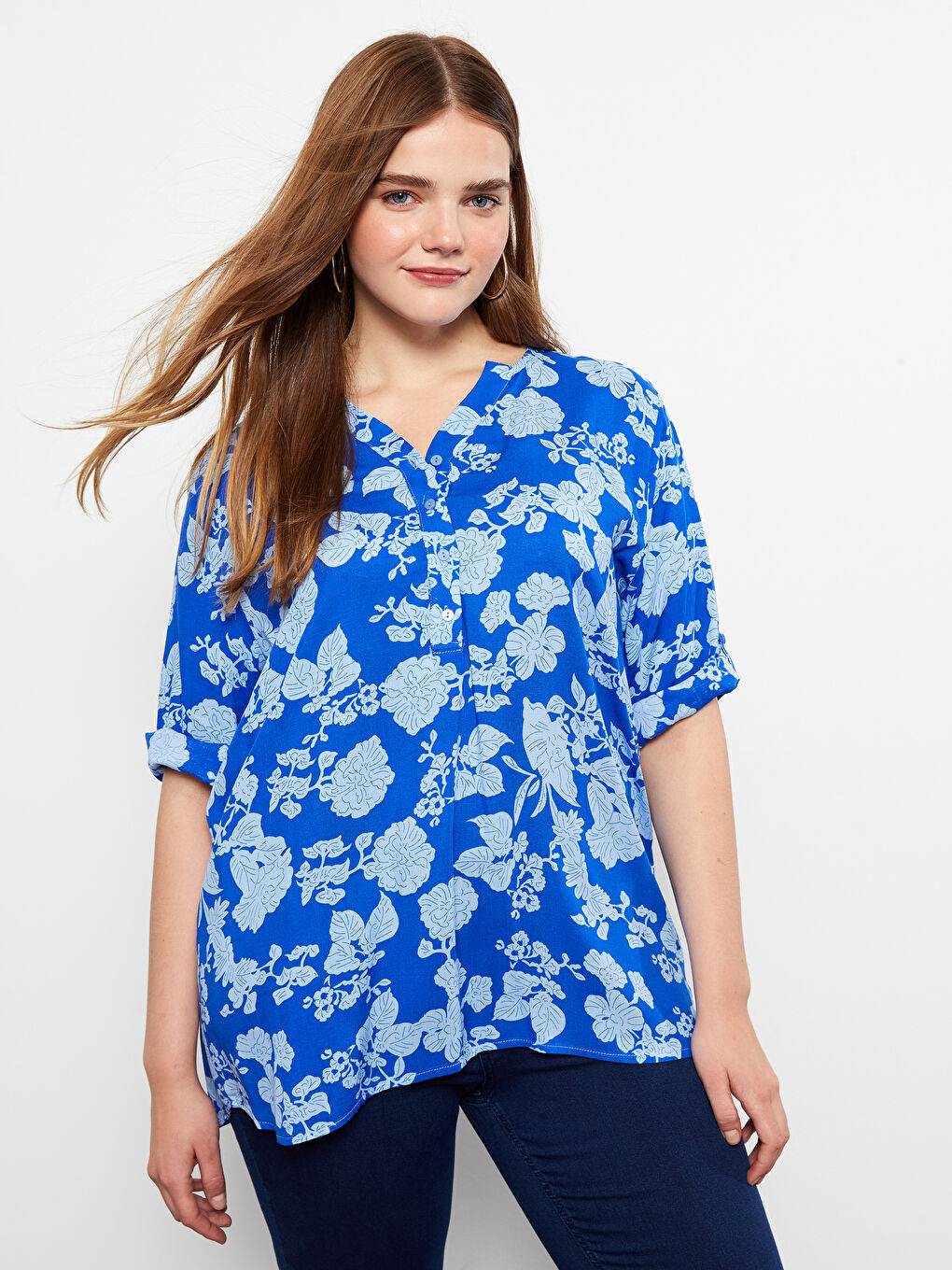 Henley Neckline Patterned Short Sleeve Viscose Women's Blouse