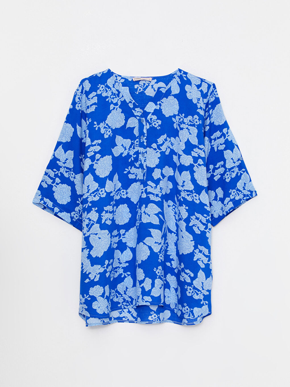 Henley Neckline Patterned Short Sleeve Viscose Women's Blouse-5