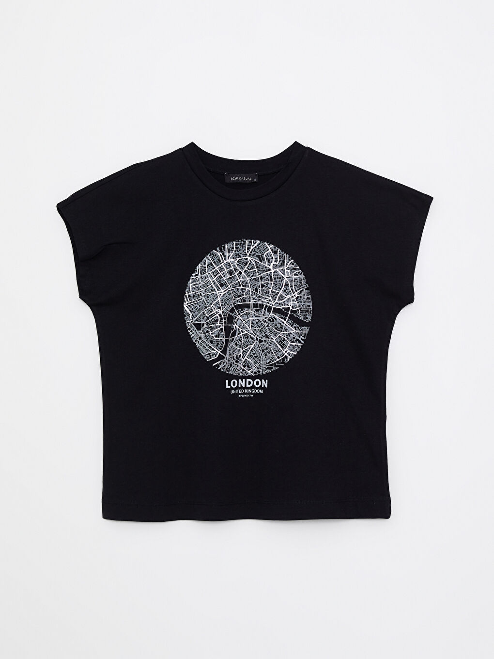 Siyah Bisiklet Yaka Baskılı Kısa Kollu Pamuklu Kadın Tişört-5