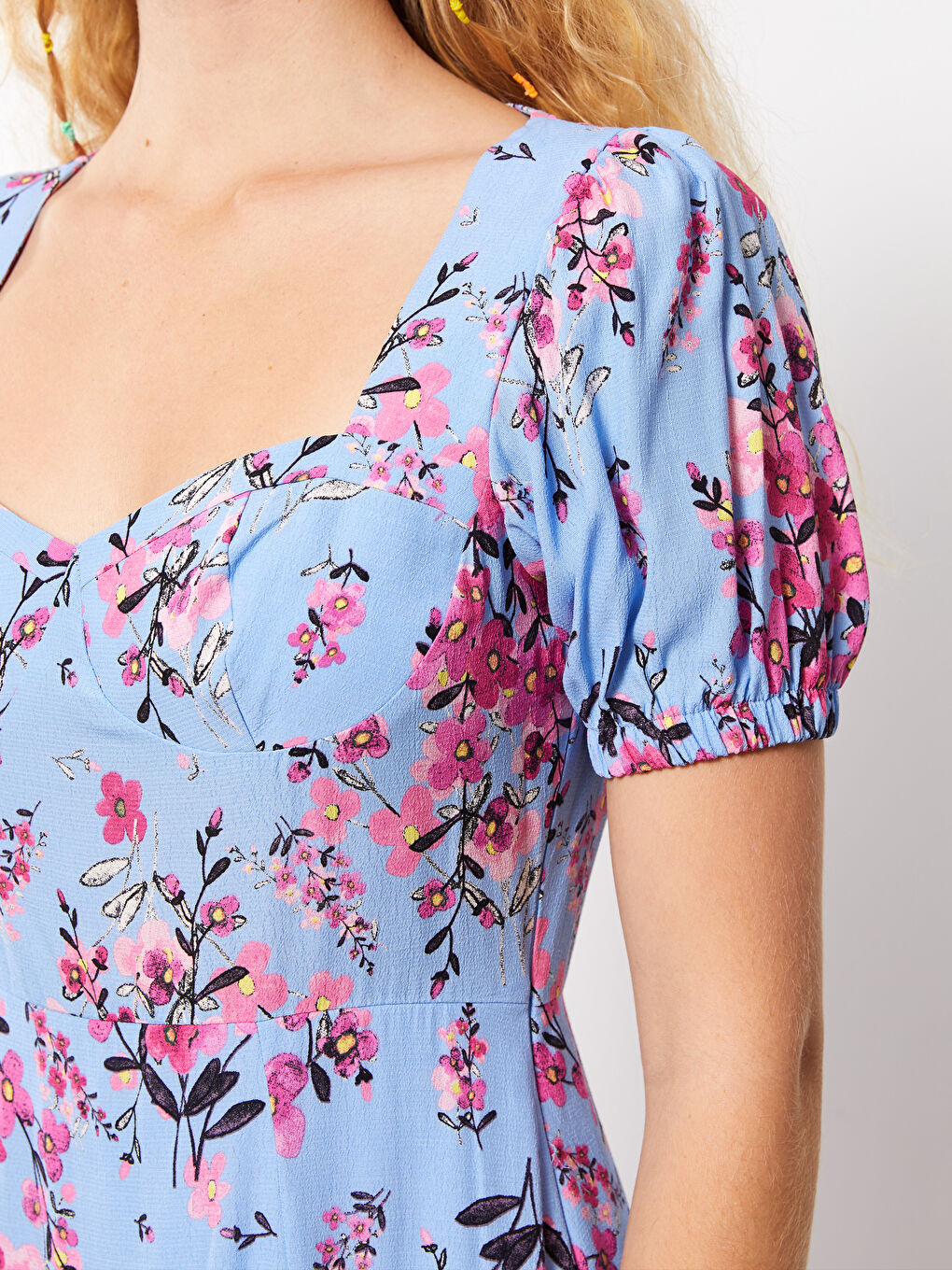 Heart Collar Patterned Short Sleeve Viscose Women's Dress -S2MA66Z8-SPD