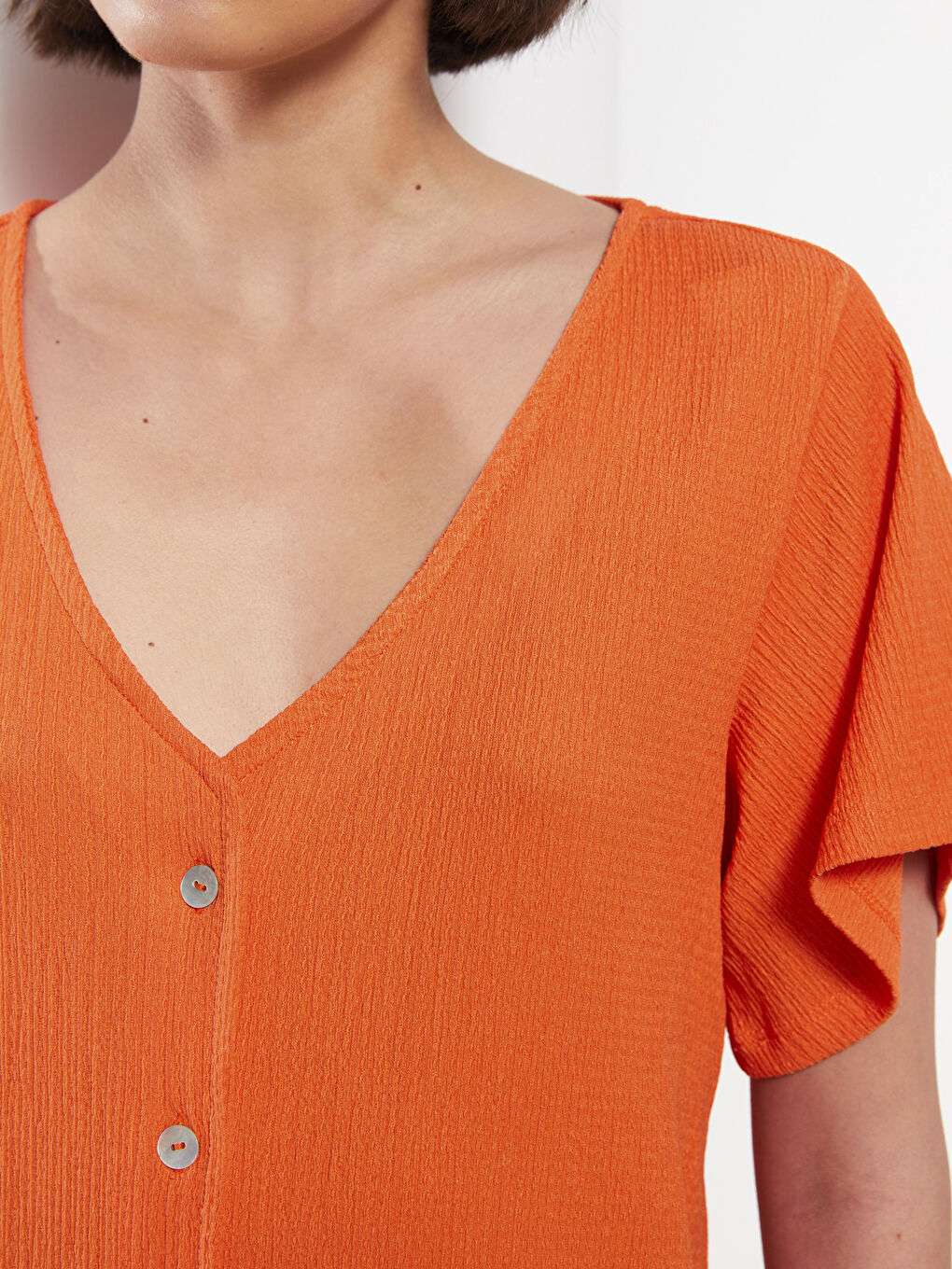 Turuncu V Yaka Düz Kısa Kollu Kadın Elbise-8