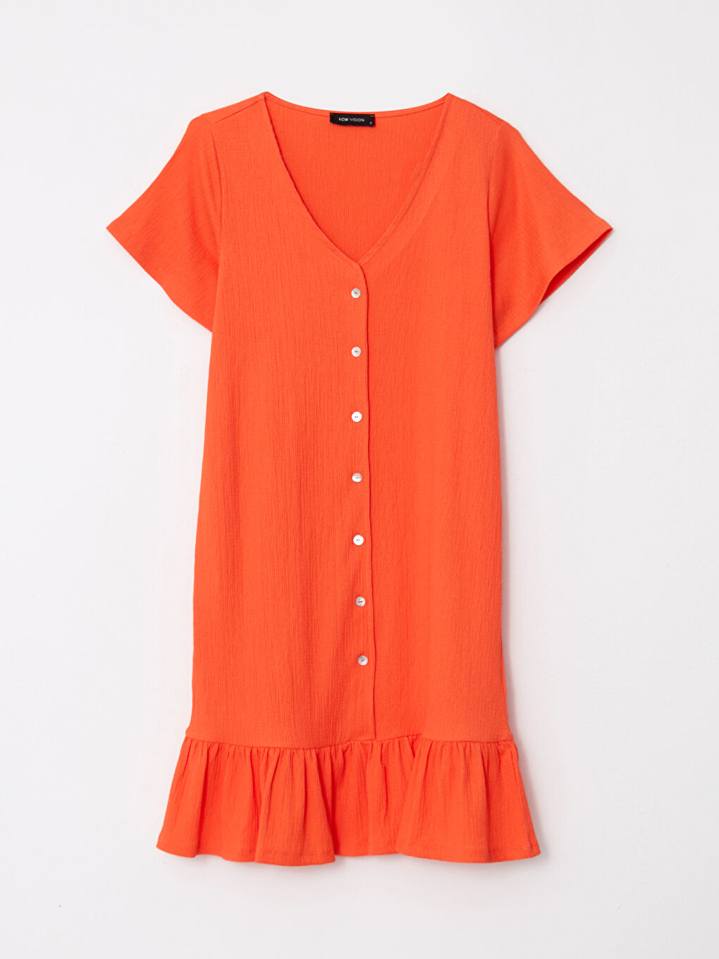 Turuncu V Yaka Düz Kısa Kollu Kadın Elbise-11