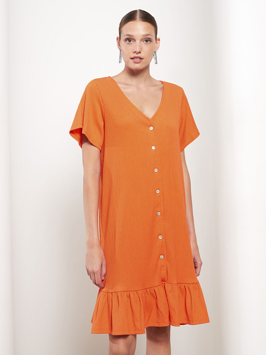 Turuncu V Yaka Düz Kısa Kollu Kadın Elbise-1