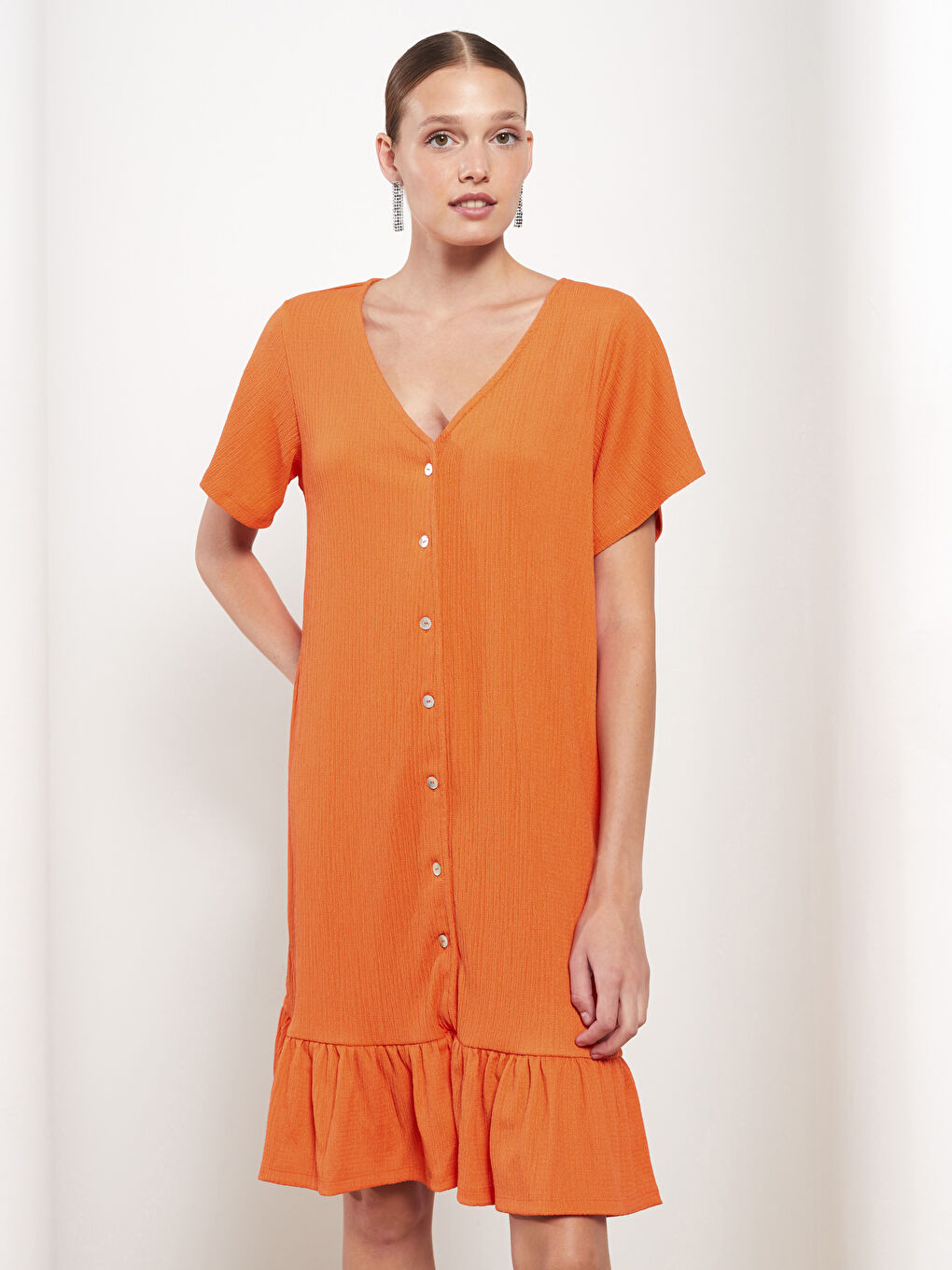 Turuncu V Yaka Düz Kısa Kollu Kadın Elbise-5