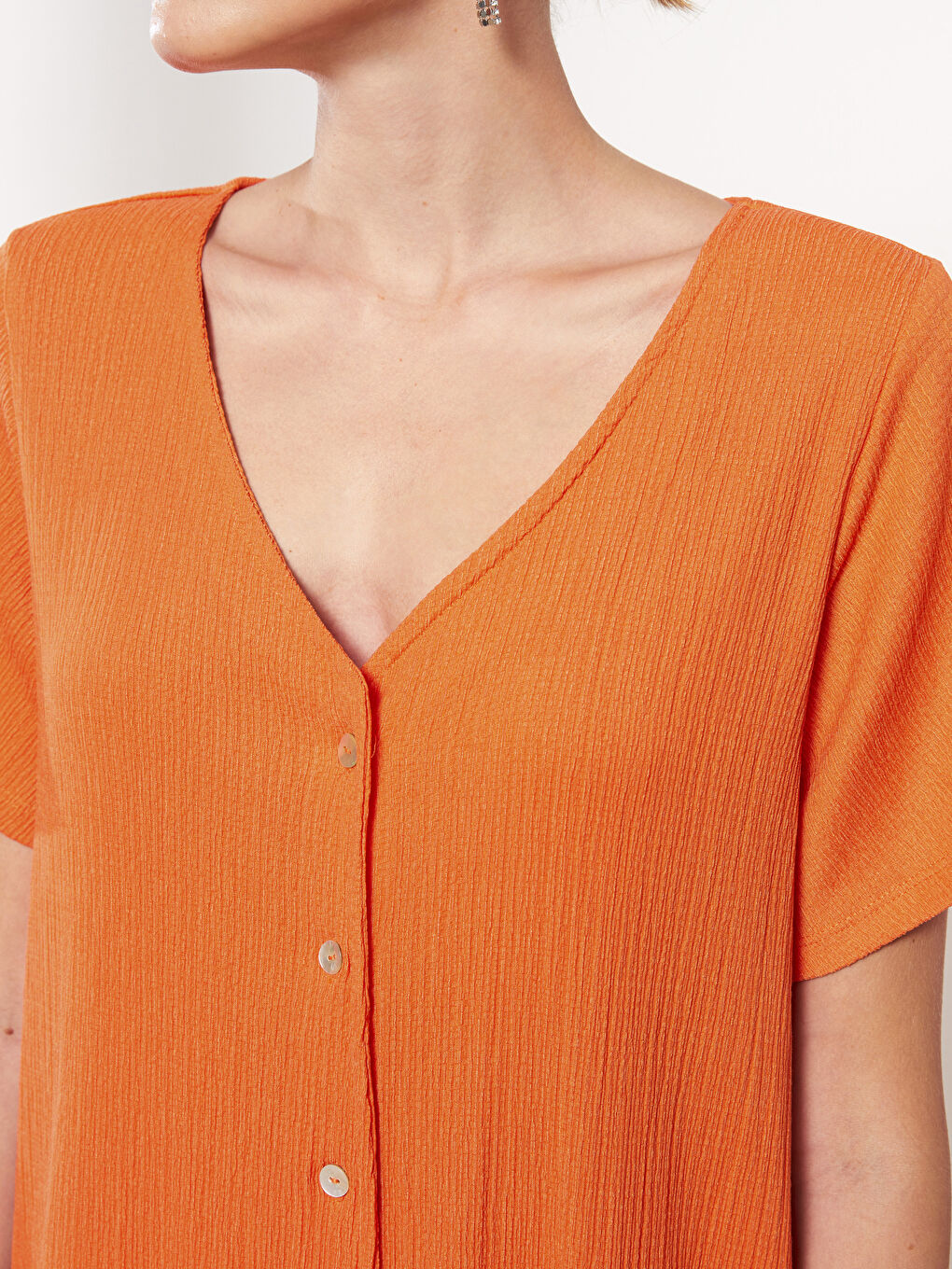 Turuncu V Yaka Düz Kısa Kollu Kadın Elbise-7