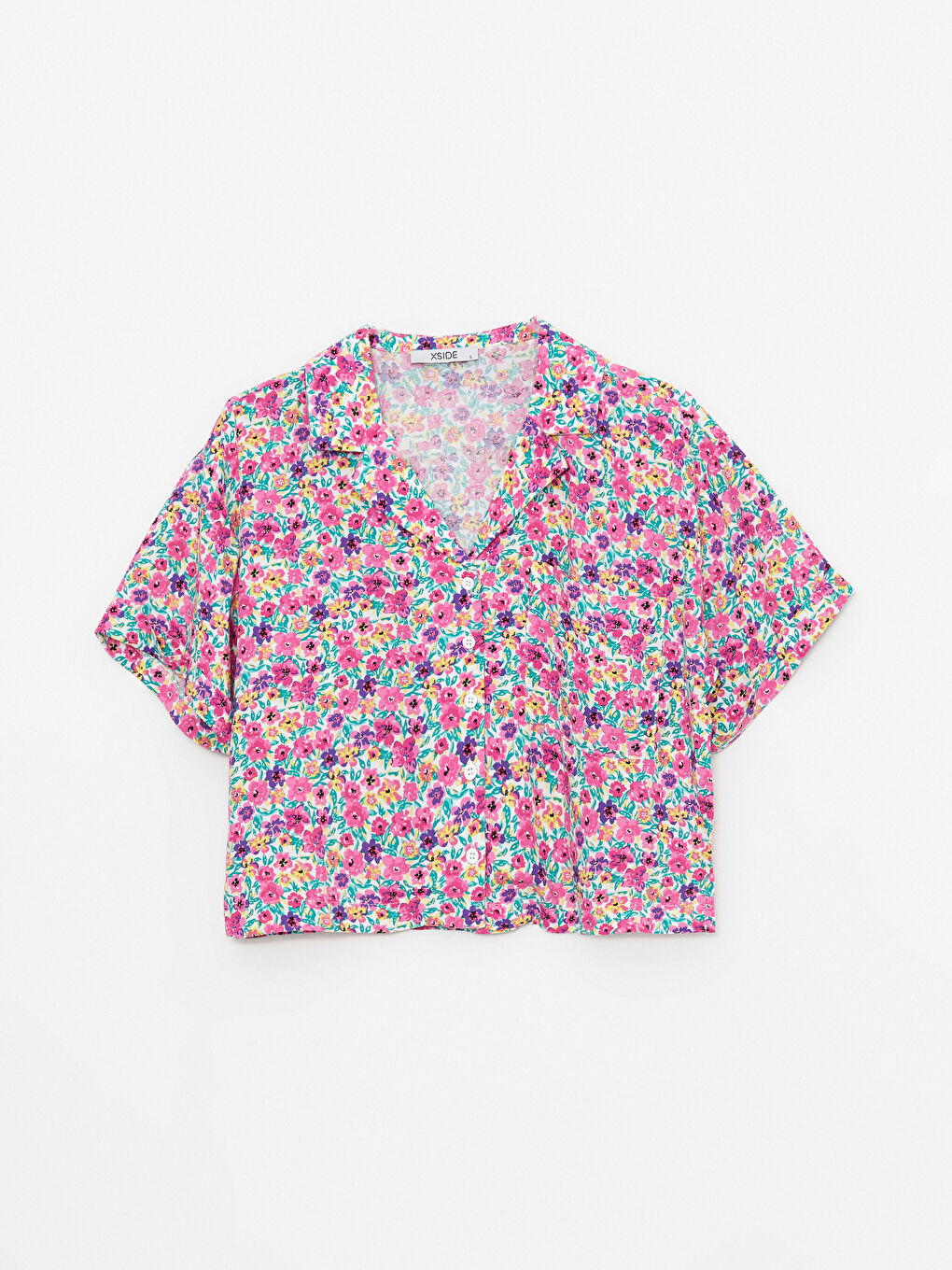 Pembe Önden Düğme Kapamalı Çiçekli Kısa Kollu Viskon Kadın Gömlek-5