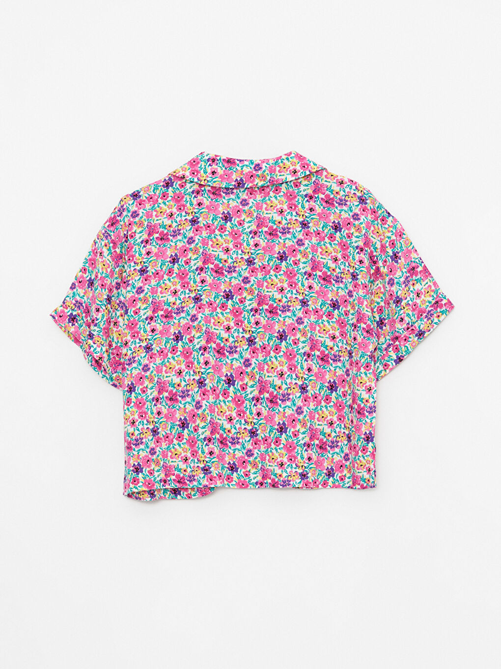 Pembe Önden Düğme Kapamalı Çiçekli Kısa Kollu Viskon Kadın Gömlek-6