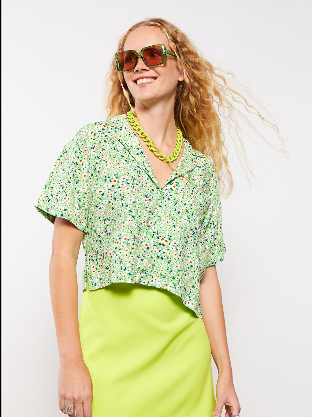 Front Button Closure Floral Short Sleeve Viscose Women's Shirt-1