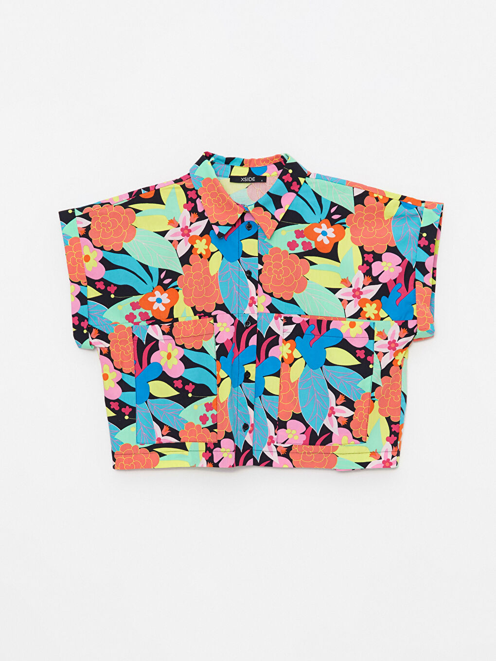 Front Button Closure Patterned Short Sleeve Poplin Women's Shirt-5