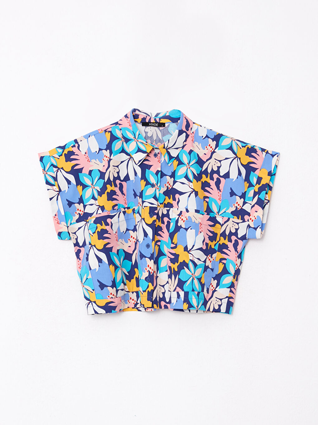 Lacivert Desenli Kısa Kollu Poplin Kadın Gömlek-5