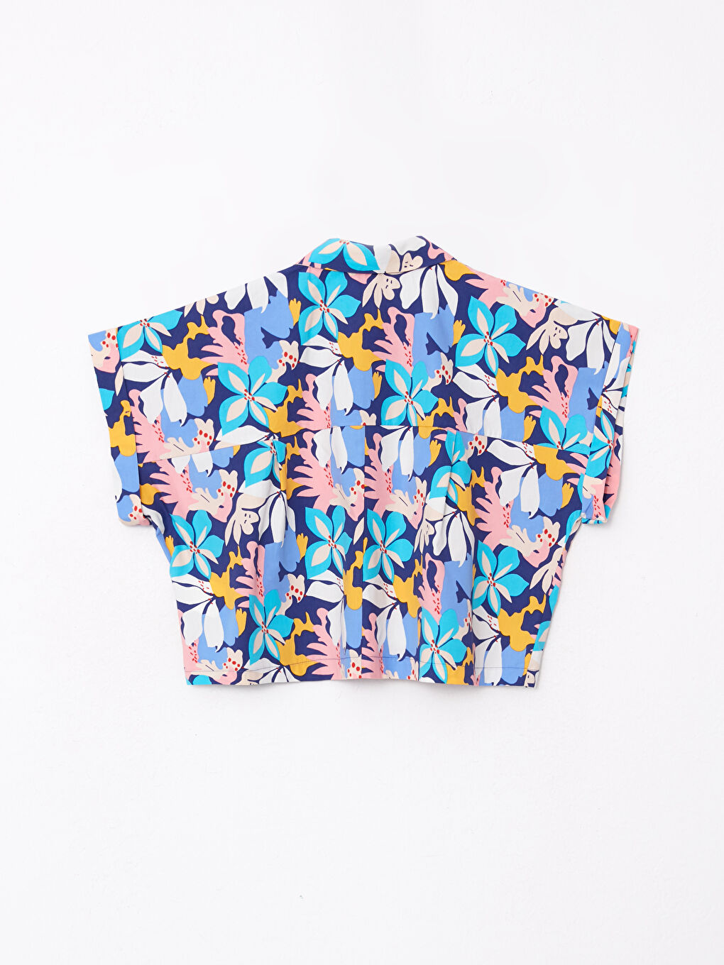 Lacivert Desenli Kısa Kollu Poplin Kadın Gömlek-6