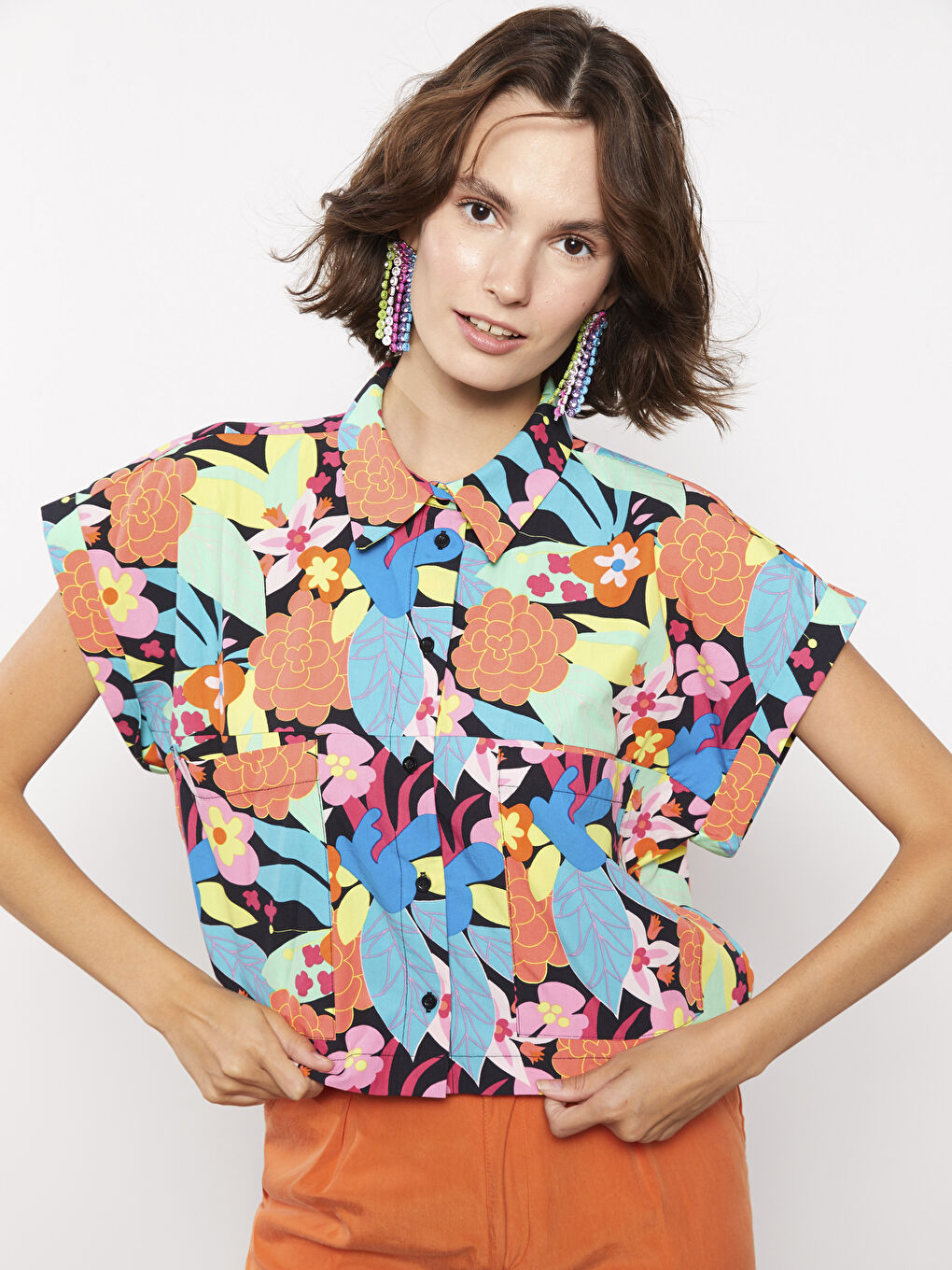 Front Button Closure Patterned Short Sleeve Poplin Women's Shirt