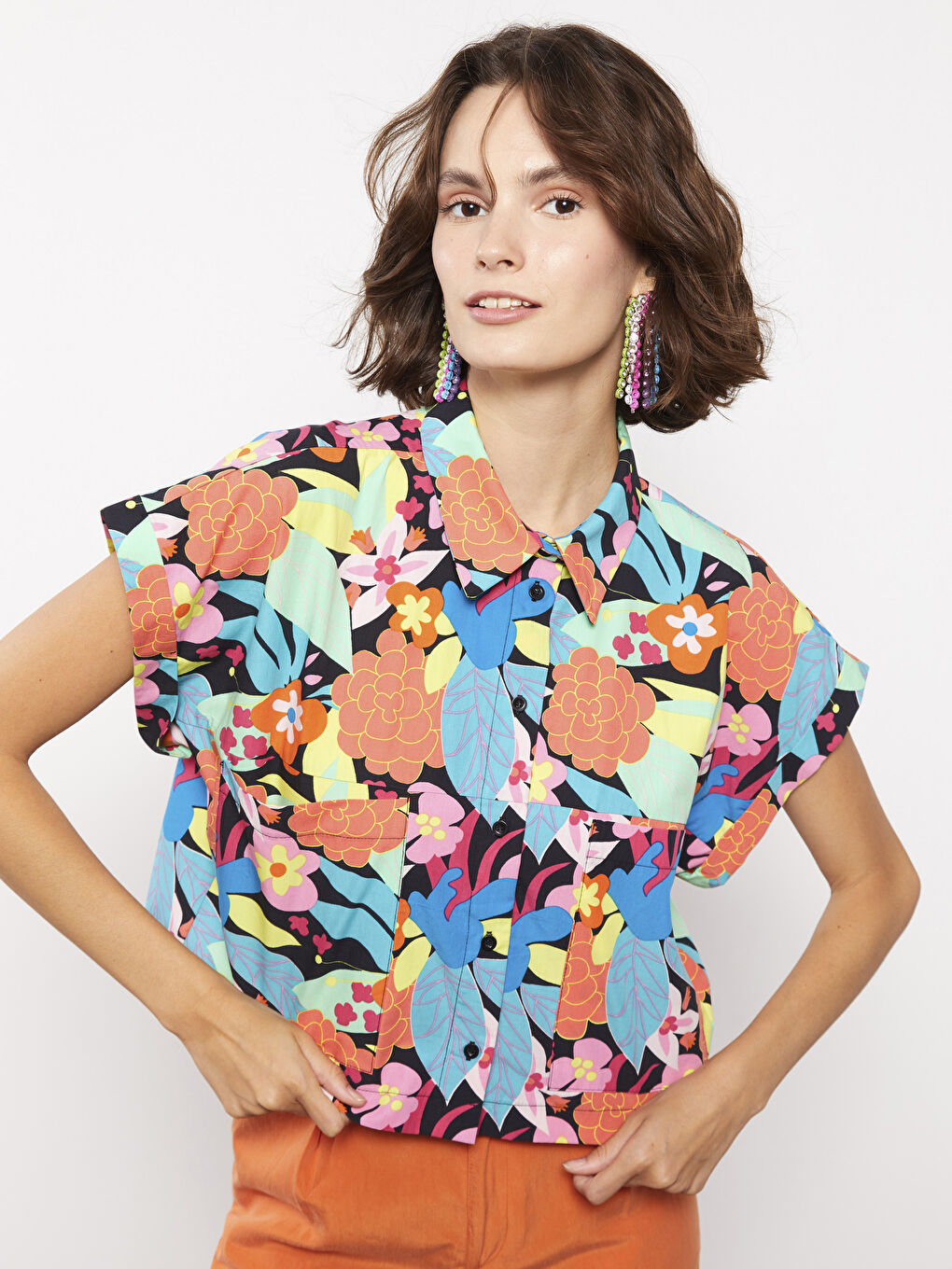 Front Button Closure Patterned Short Sleeve Poplin Women's Shirt-1