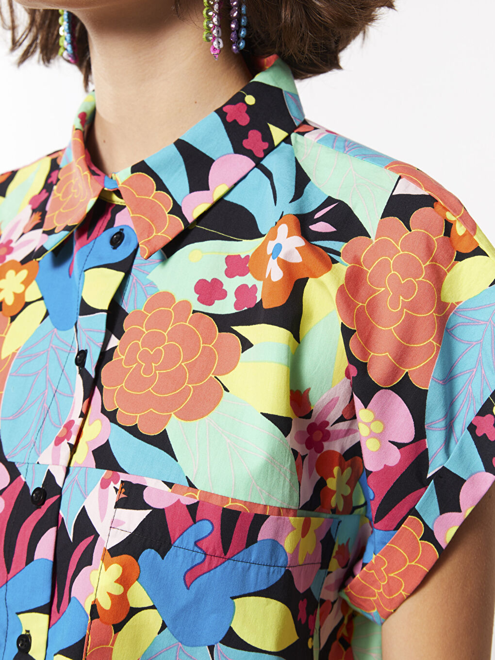 Front Button Closure Patterned Short Sleeve Poplin Women's Shirt-3