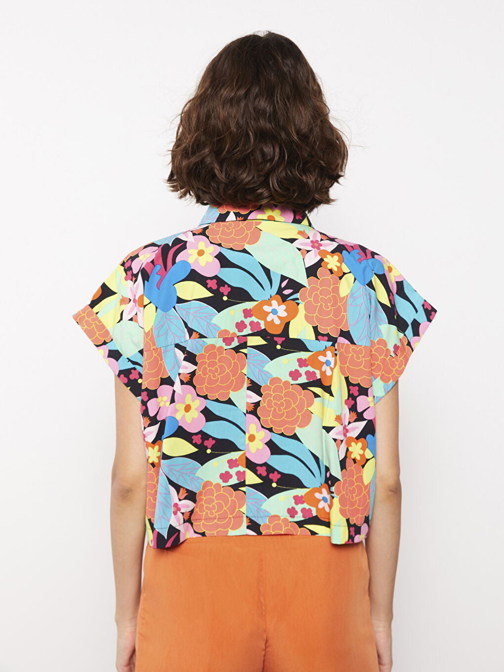 Front Button Closure Patterned Short Sleeve Poplin Women's Shirt-4