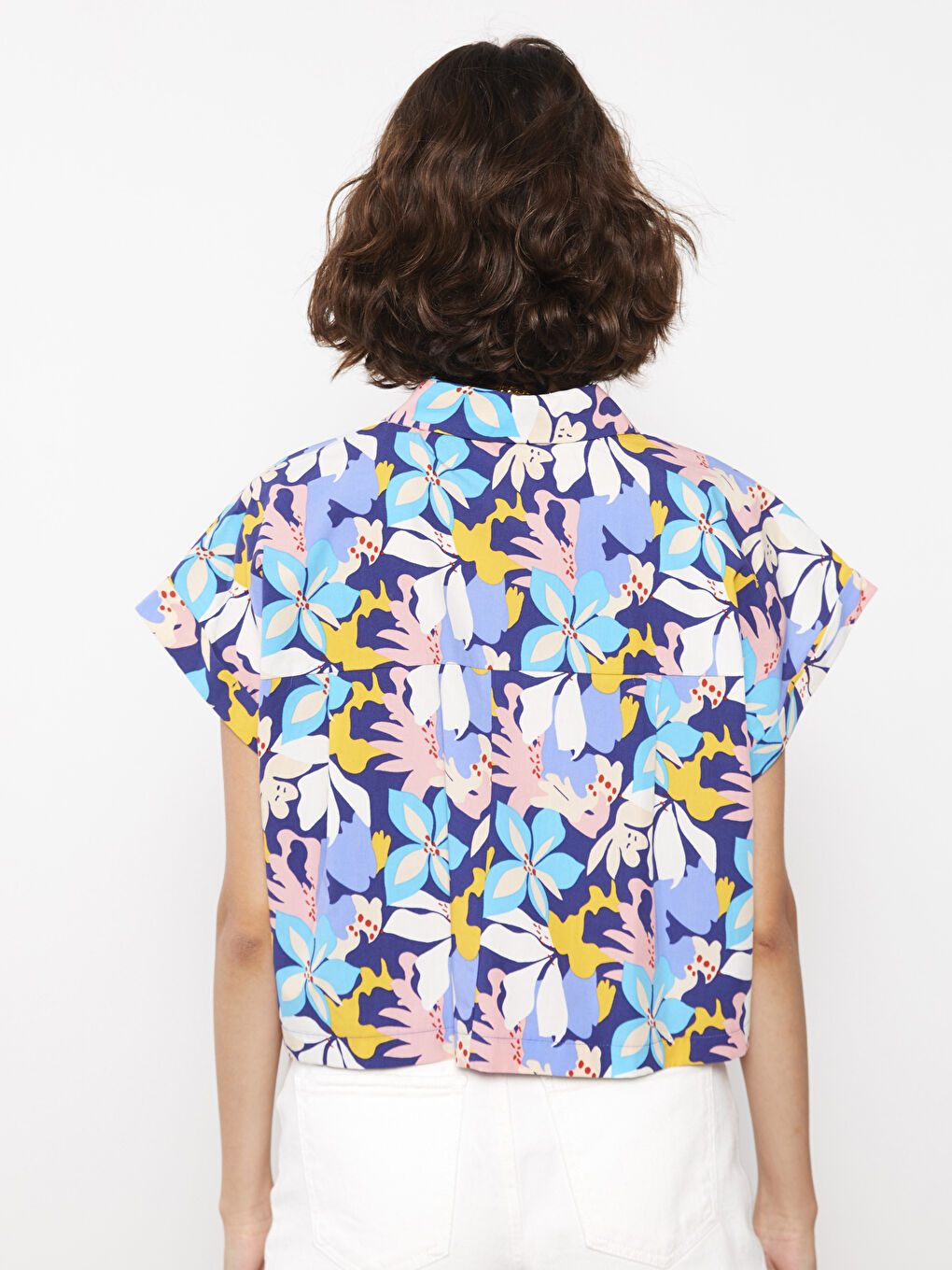 Lacivert Desenli Kısa Kollu Poplin Kadın Gömlek-4