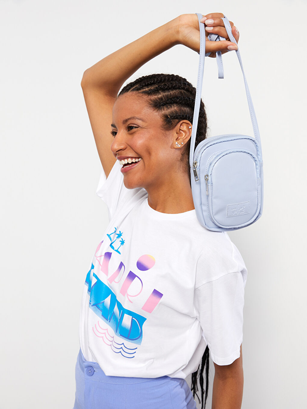 Mavi Deri Görünümlü Kadın Telefon Çantası-1