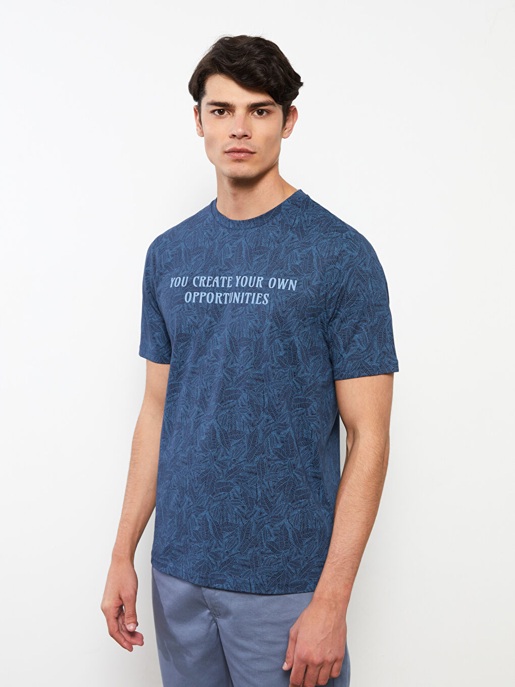 Lacivert Bisiklet Yaka Kısa Kollu Baskılı Penye Erkek Tişört