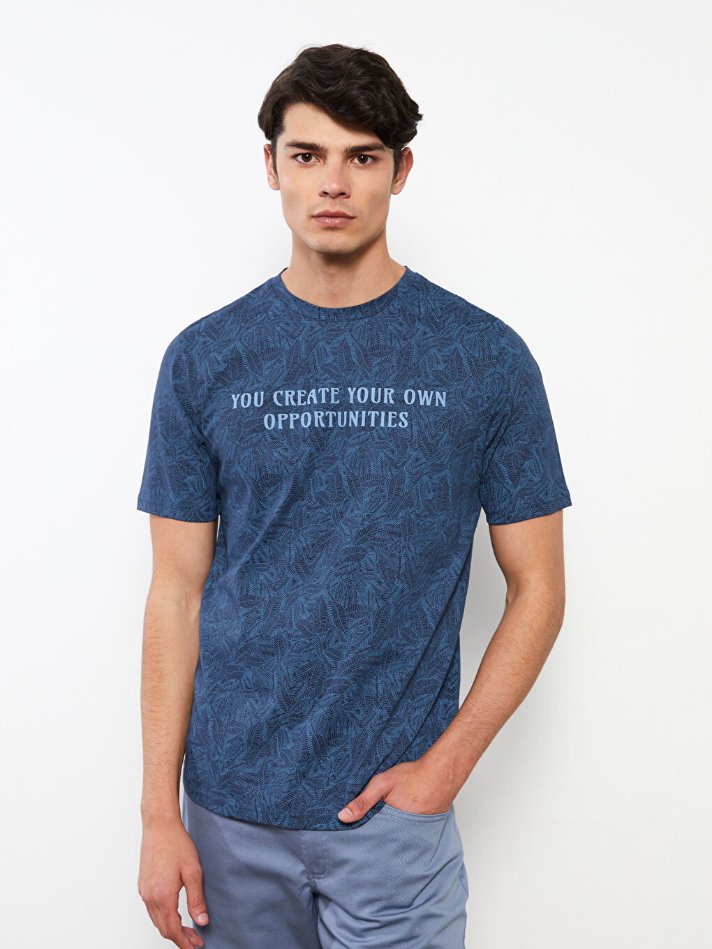 Lacivert Bisiklet Yaka Kısa Kollu Baskılı Penye Erkek Tişört-1