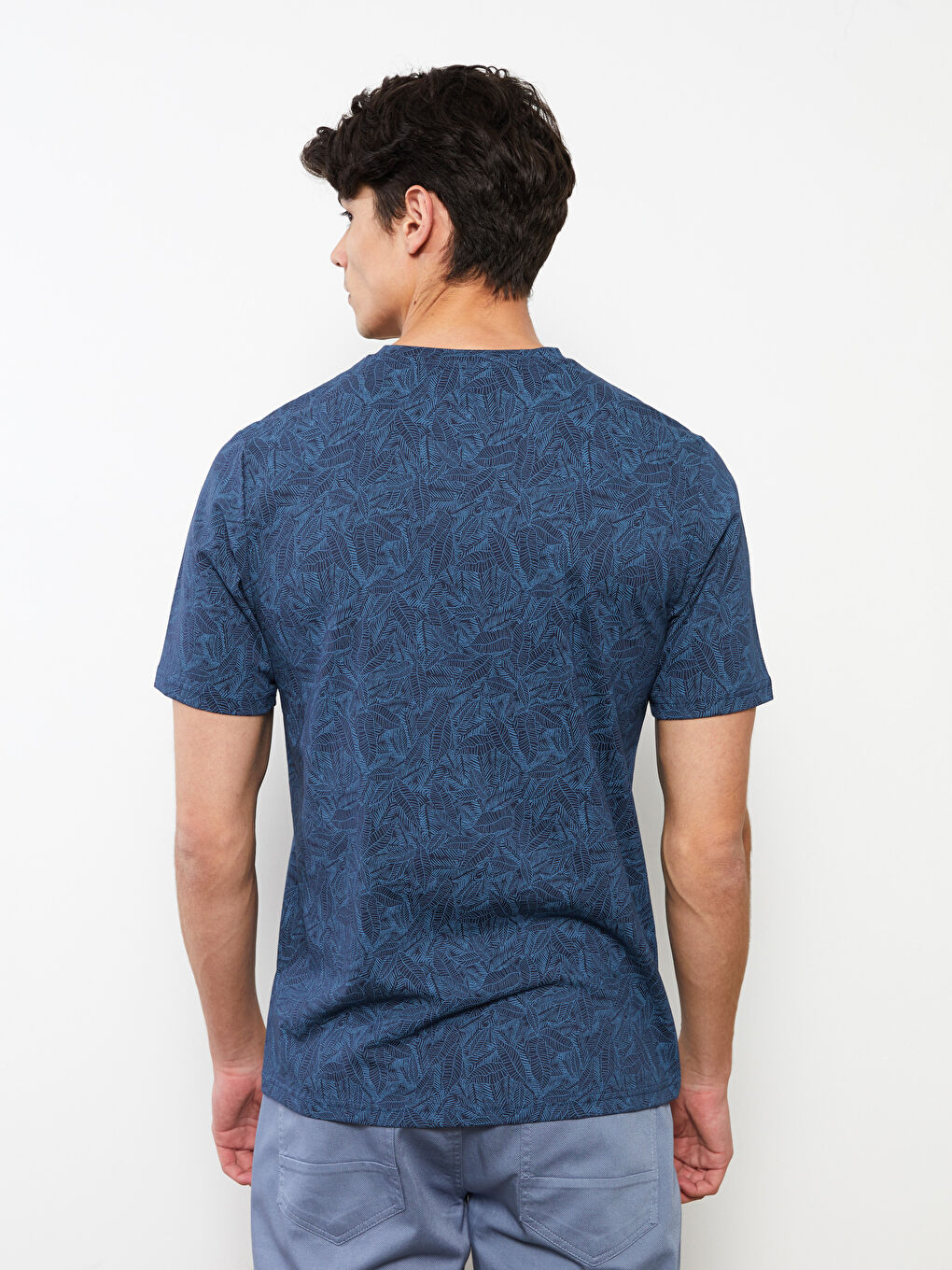 Lacivert Bisiklet Yaka Kısa Kollu Baskılı Penye Erkek Tişört-4