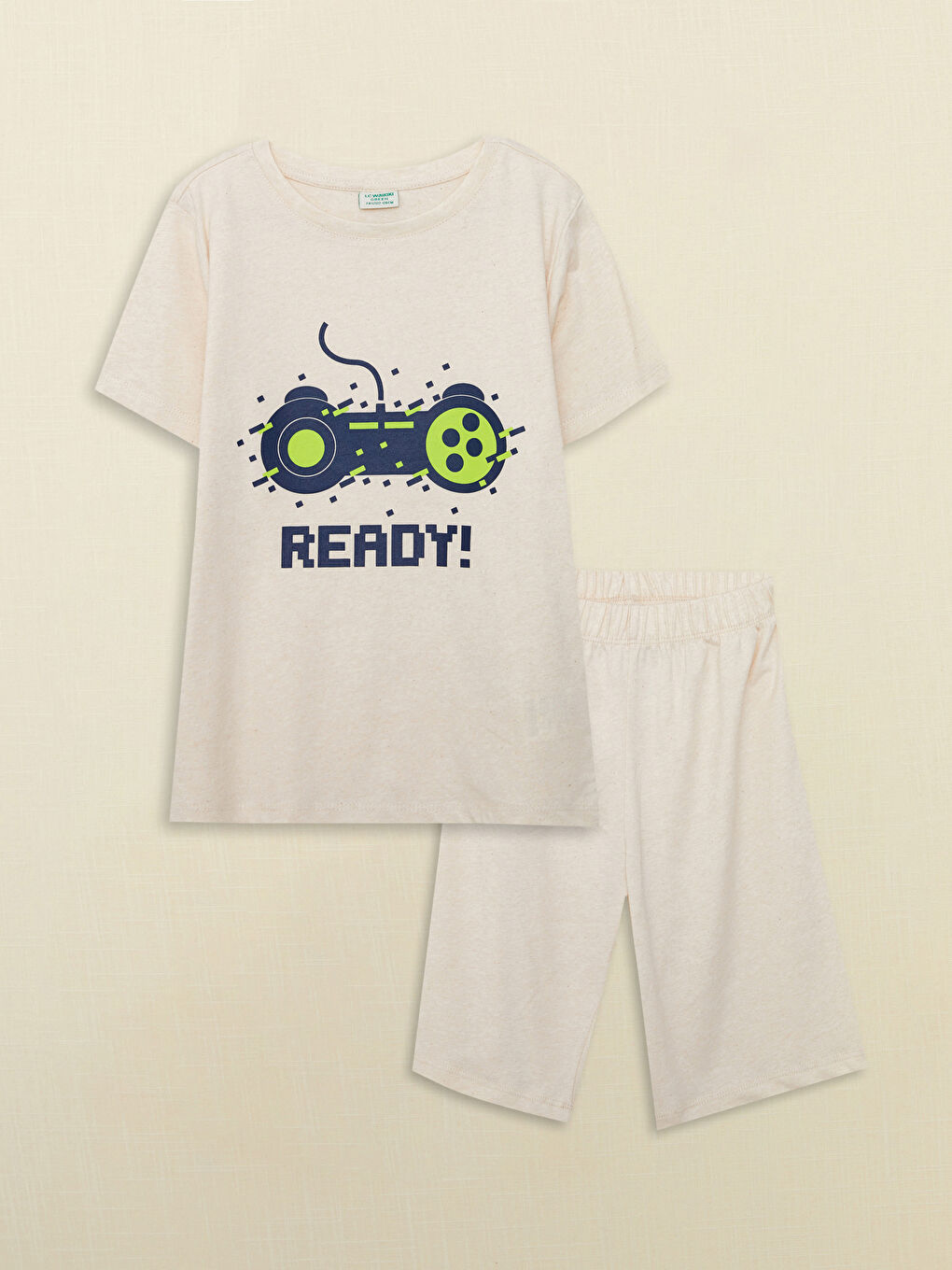 Bej Bisiklet Yaka Baskılı Kısa Kollu Erkek Çocuk Şortlu Pijama Takımı