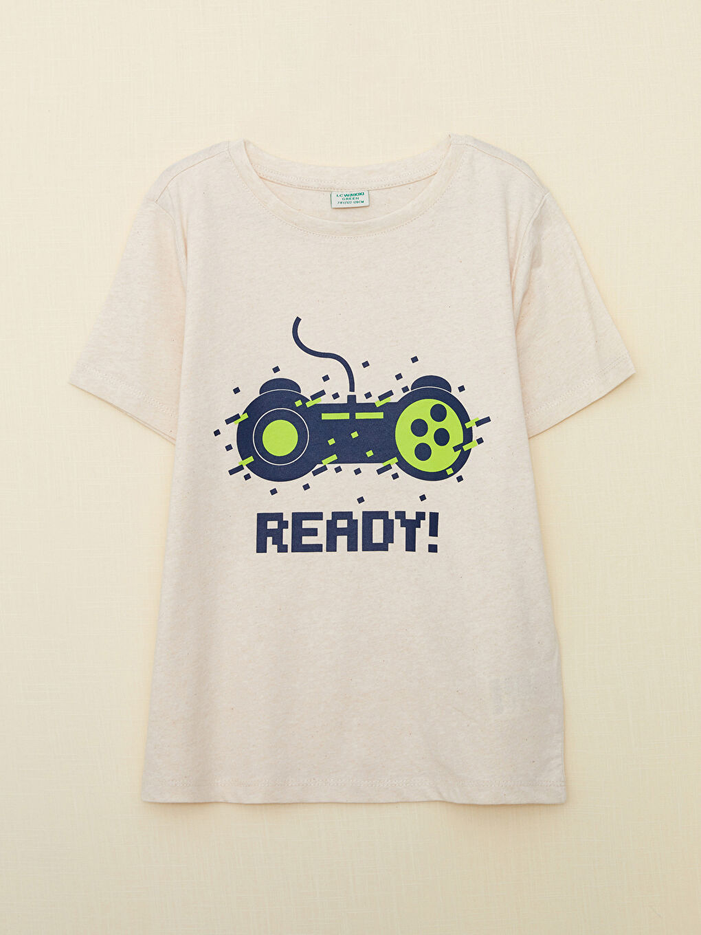 Bej Bisiklet Yaka Baskılı Kısa Kollu Erkek Çocuk Şortlu Pijama Takımı-1