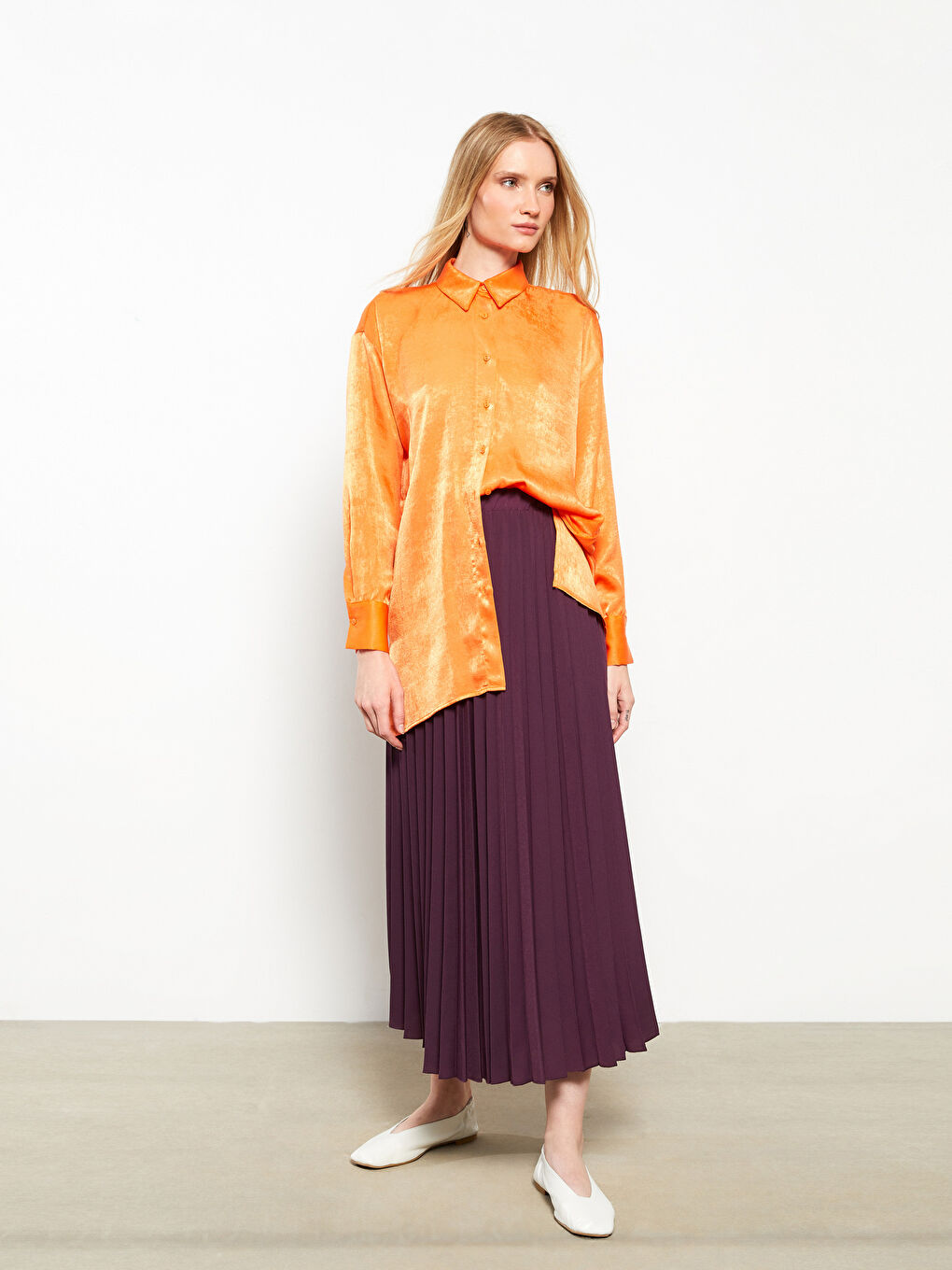 Mor Beli Lastikli Düz Krep Kadın Pileli Etek