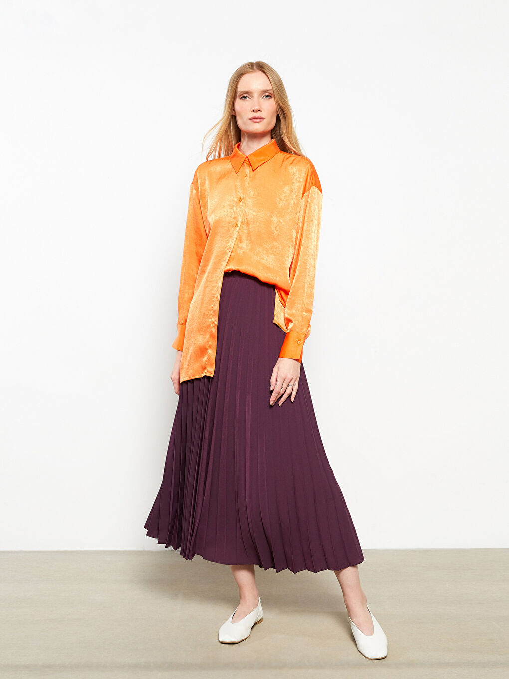 Mor Beli Lastikli Düz Krep Kadın Pileli Etek-1