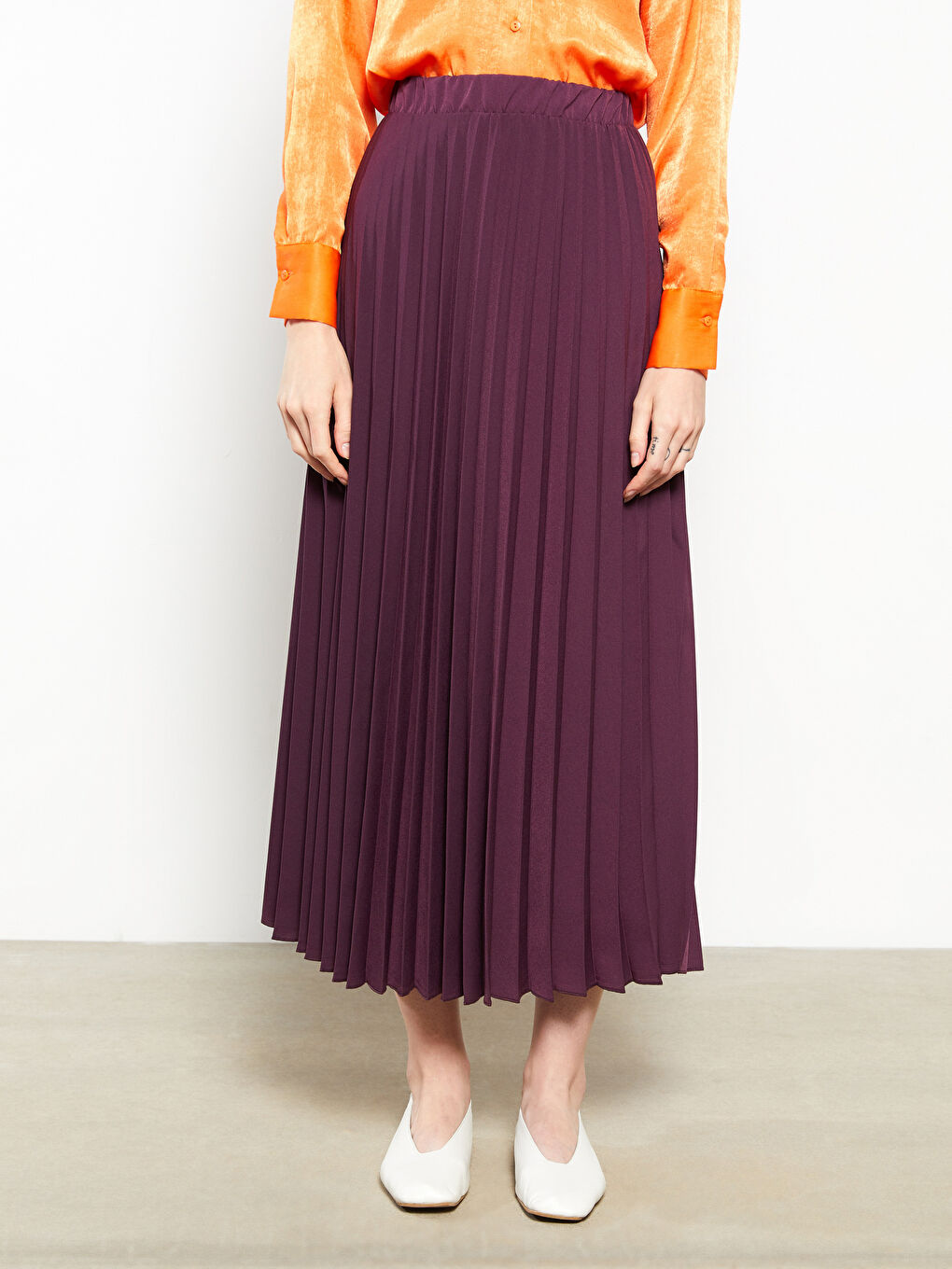 Mor Beli Lastikli Düz Krep Kadın Pileli Etek-2