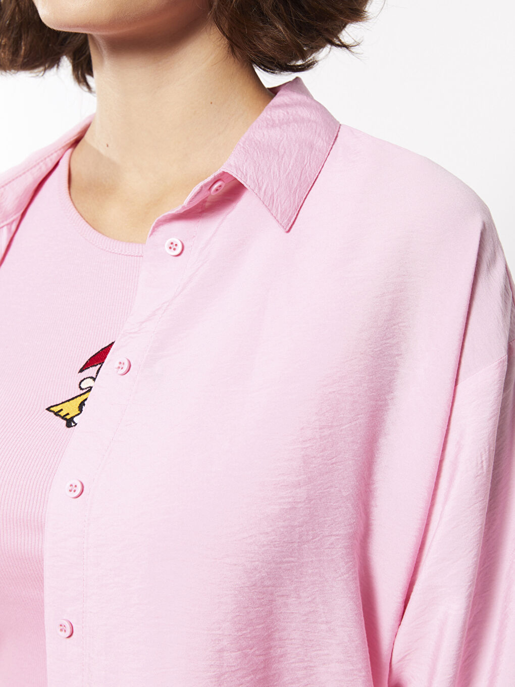 Pembe Önden Düğme Kapamalı Düz Uzun Kollu Kadın Gömlek-3