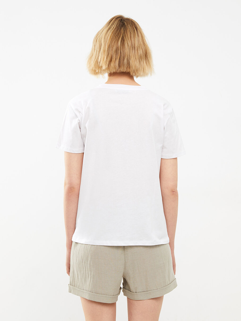 Beyaz Bisiklet Yaka Baskılı Kısa Kollu Pamuklu Kadın Tişört-2