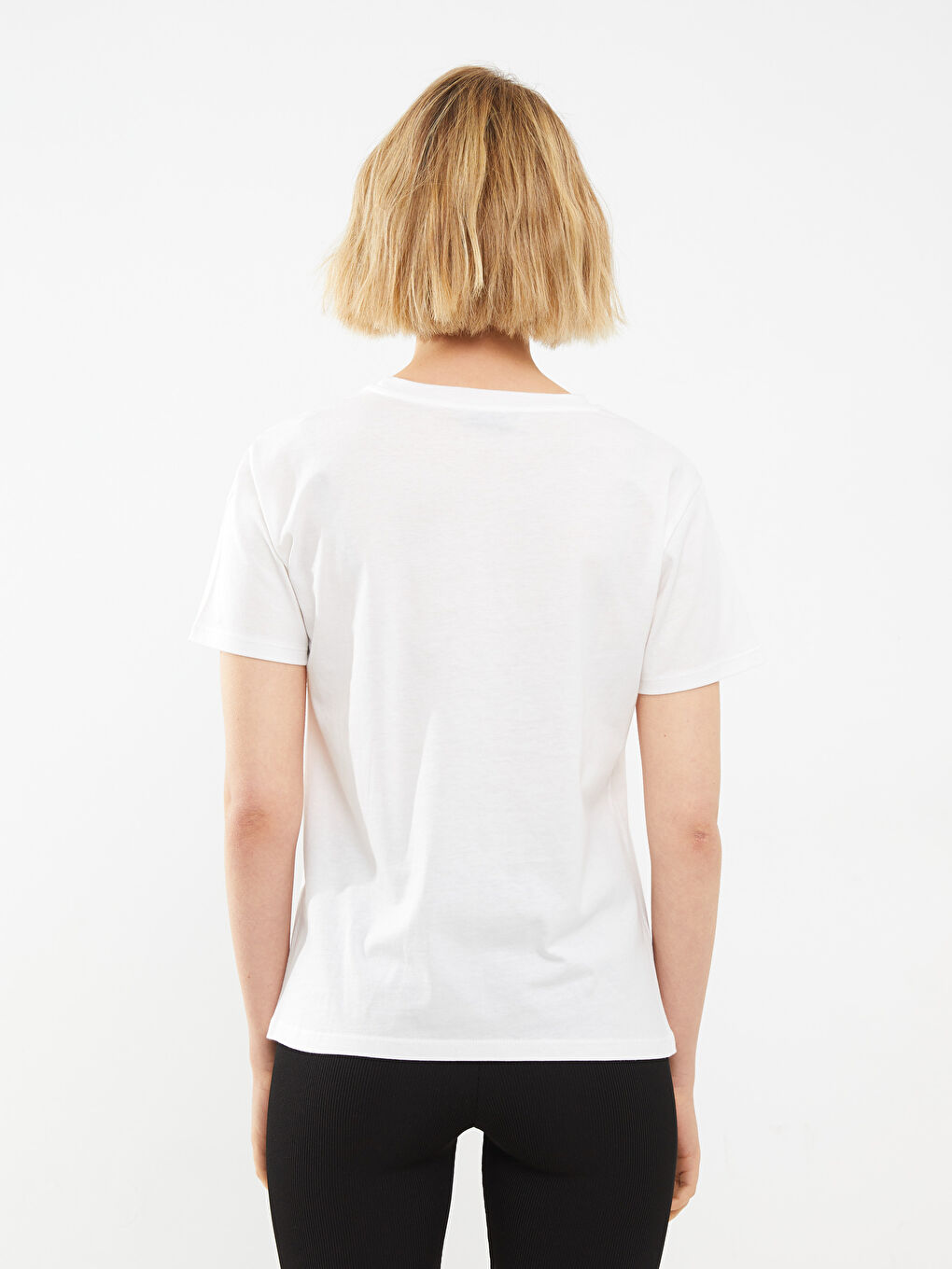 Ekru Bisiklet Yaka Baskılı Kısa Kollu Pamuklu Kadın Tişört-4