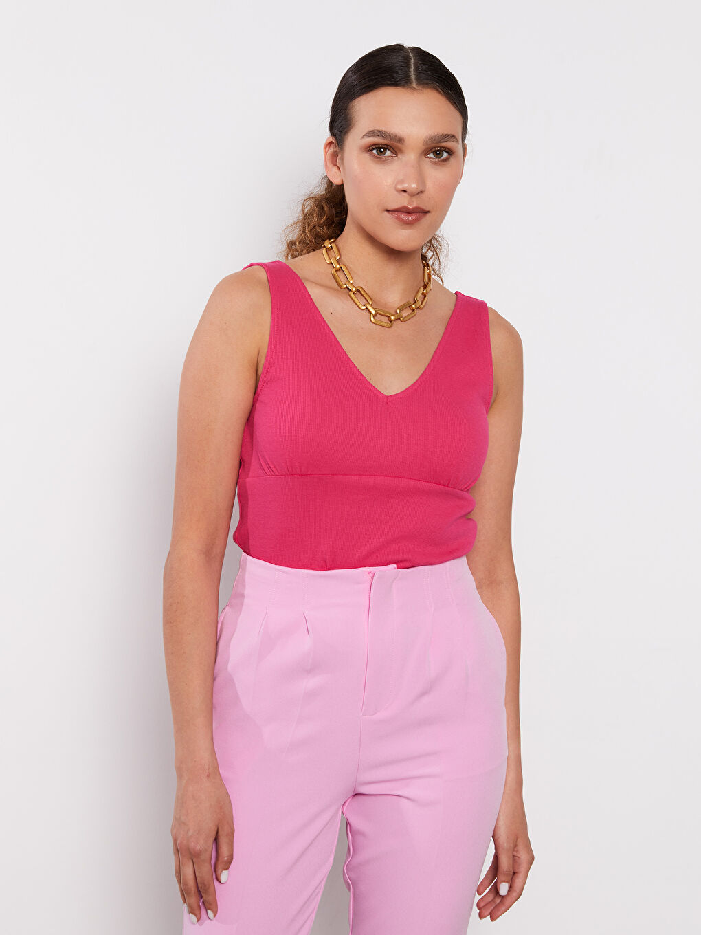Fuşya Kadın V Yaka Düz Atlet-2