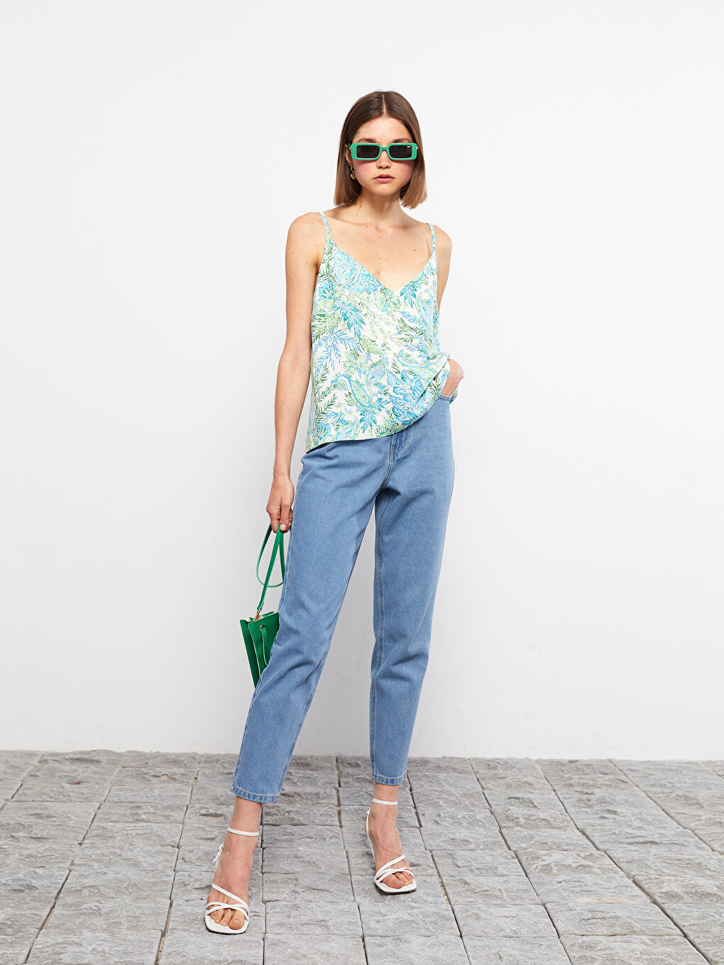 LCW Vision V Neck Patterned Strappy Women's Blouse -S2MD33Z8-LRR