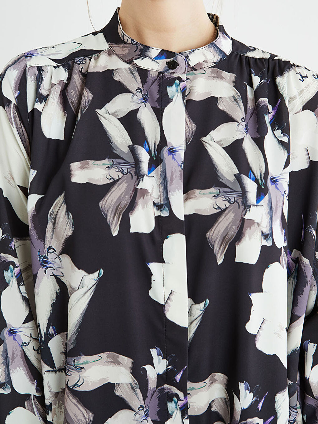 Siyah Hakim Yaka Desenli Uzun Kollu Krep Kadın Elbise-1