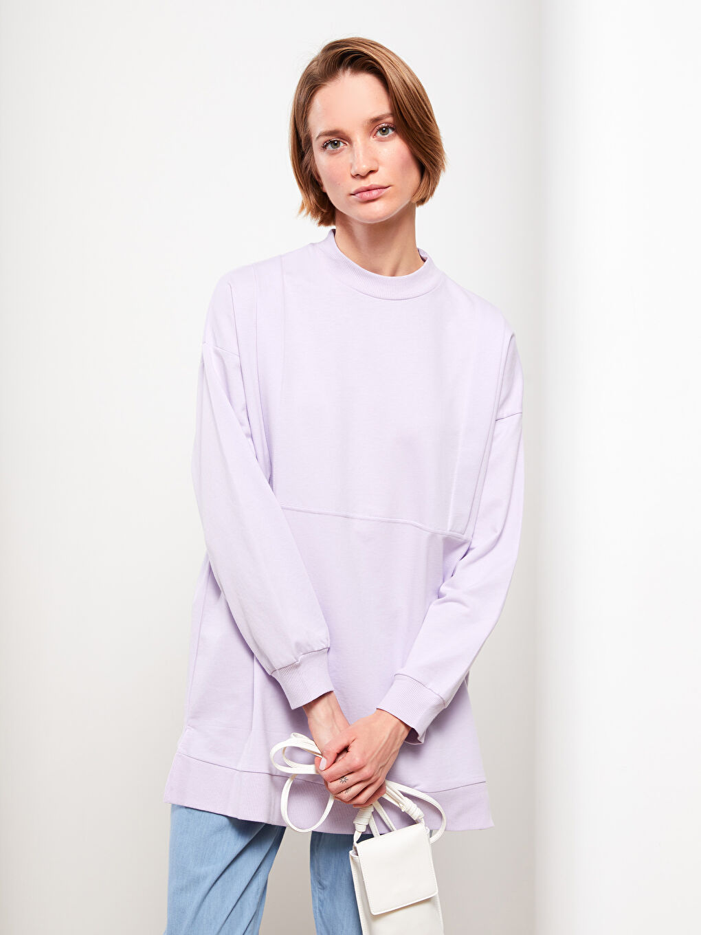 LCW Modest Lila Dik Yaka Düz Uzun Kollu Oversize Kadın Sweatshirt Tunik - 1