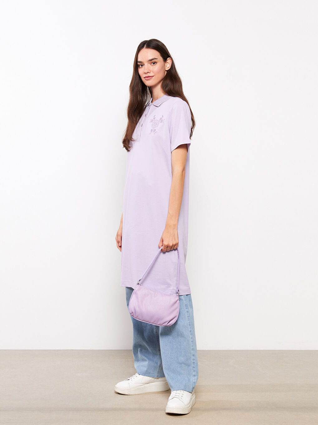 Lila Polo Yaka Nakışlı Kısa Kollu Pamuklu Kadın Tunik-1
