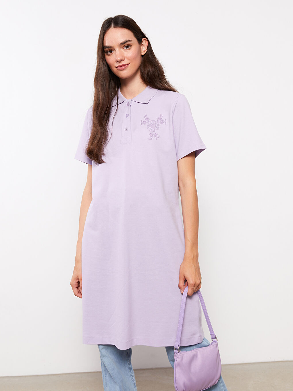 Lila Polo Yaka Nakışlı Kısa Kollu Pamuklu Kadın Tunik-3