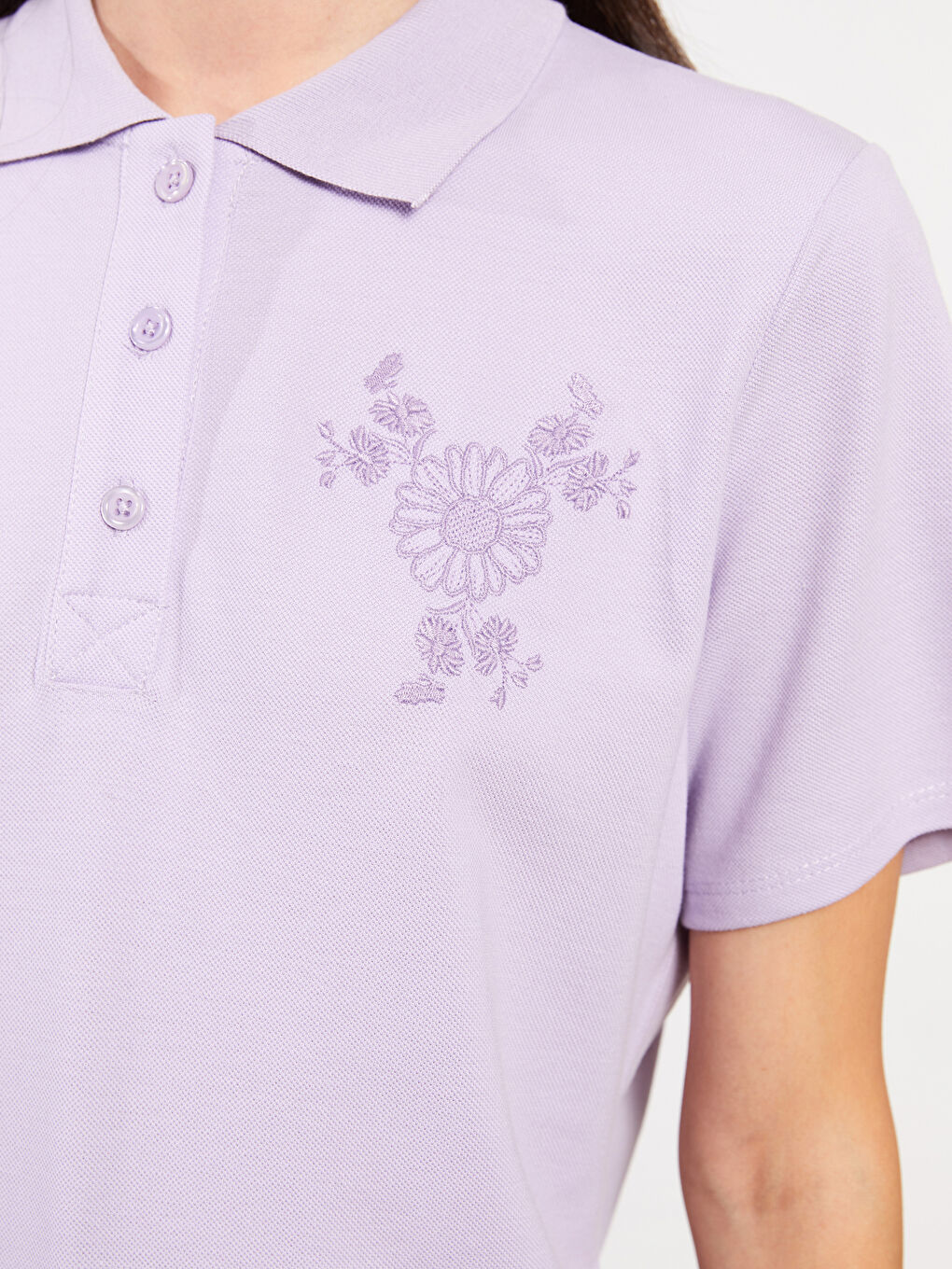Lila Polo Yaka Nakışlı Kısa Kollu Pamuklu Kadın Tunik-5
