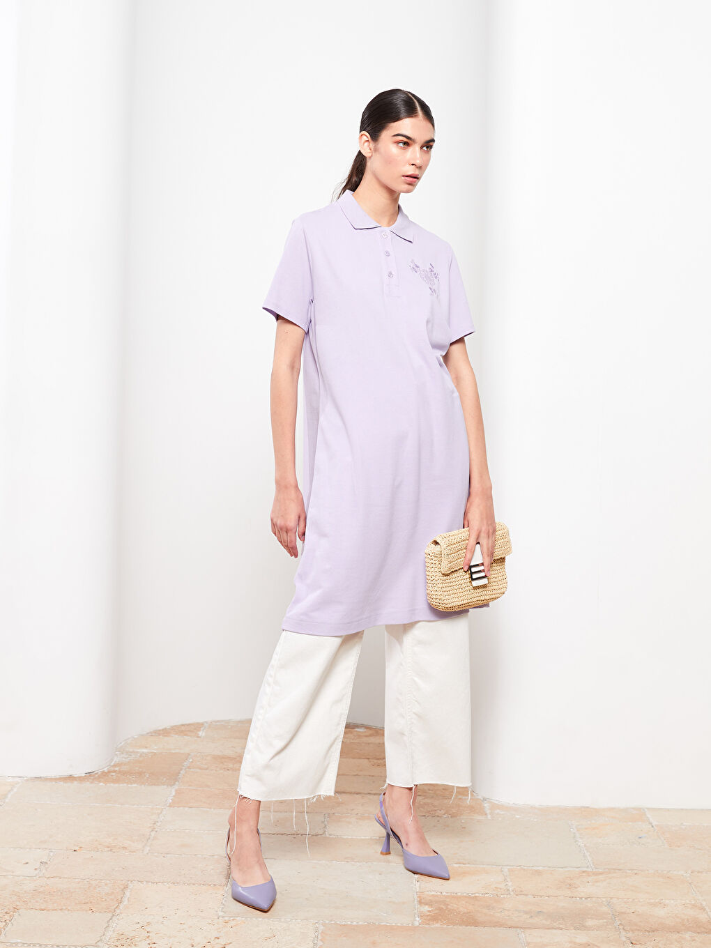 Lila Polo Yaka Nakışlı Kısa Kollu Pamuklu Kadın Tunik